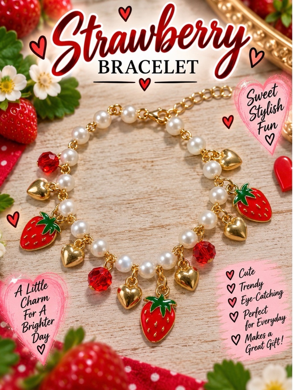 Strawberry Charm Pearl Bracelet - Gold & Red - Fashion Jewelry